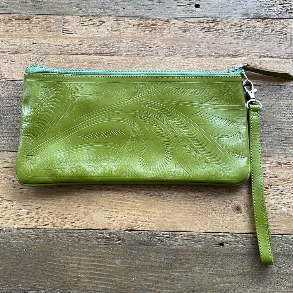 Green handmade leather clutch NWOT